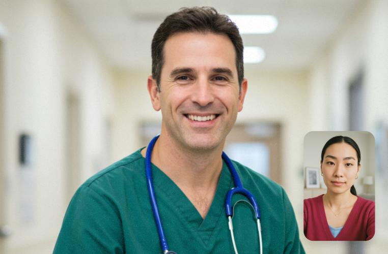 Smiling doctor on a call with a patient