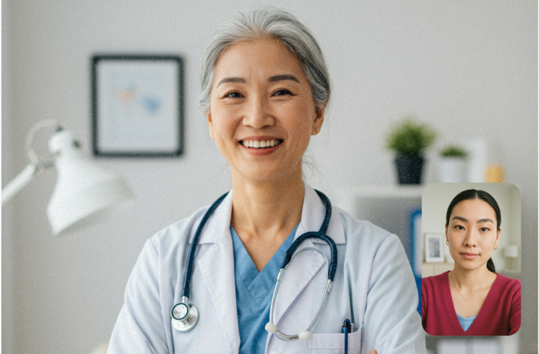 Smiling doctor on a call with a patient