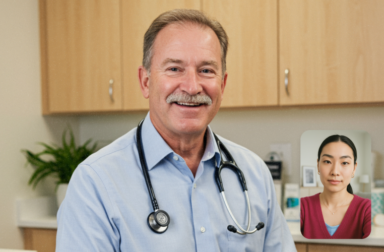 Smiling doctor on a call with a patient