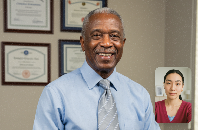 Smiling doctor on a call with a patient