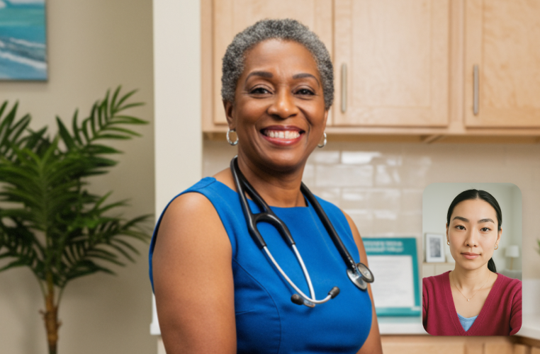 Smiling doctor on a call with a patient